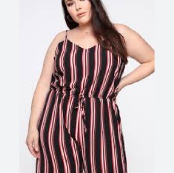 AMBIANCE STRIPED JUMPSUIT Sz: SMALL red black striped bubble crepe wide leg - Picture 6 of 12